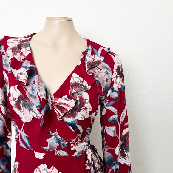 [ModCloth] Sunny Girl Red Floral Print Long Sleeve V-Neck Wrap Midi Dress Sz 10 - Picture 8 of 10